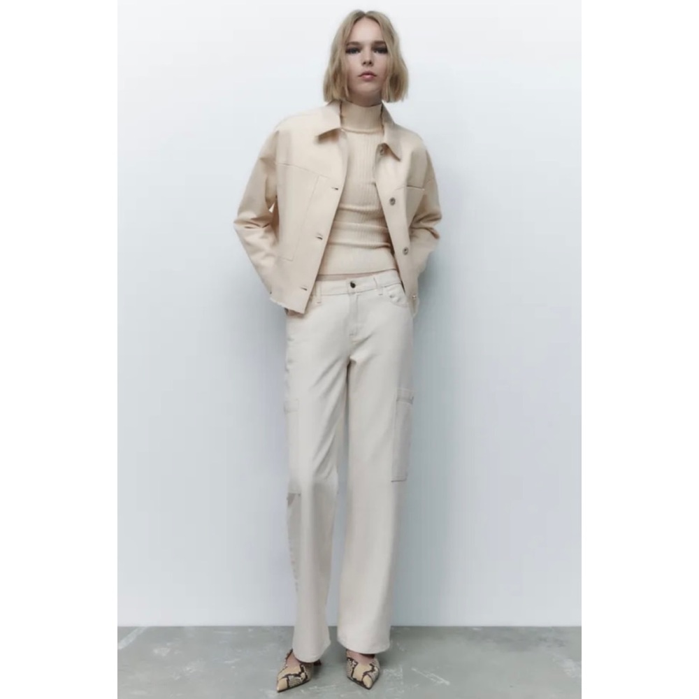 ZARA • Cream Cropped Frayed Hem Denim Jacket, XS - Picture 3 of 16